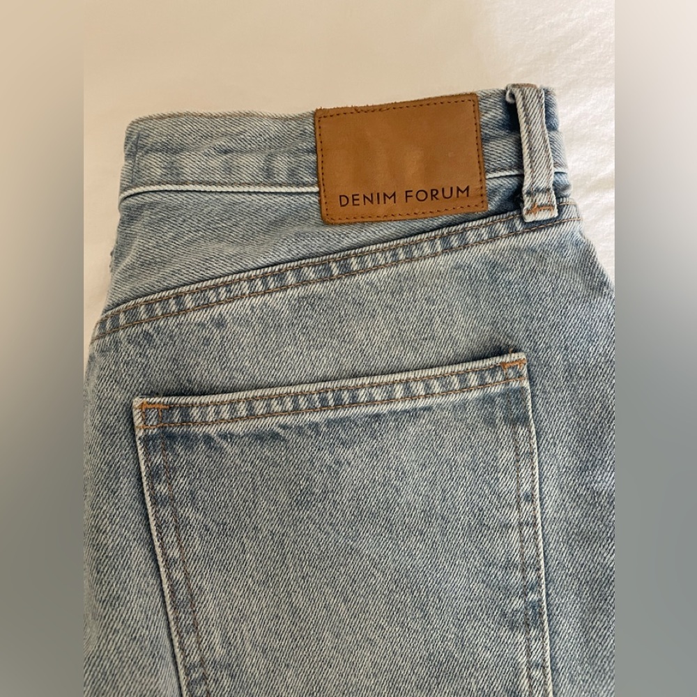 Denim Forum Light Wash Blue Jean Shorts with Tan Leather Patch